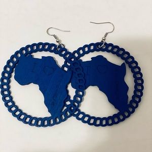 Blue wooden round African map earrings